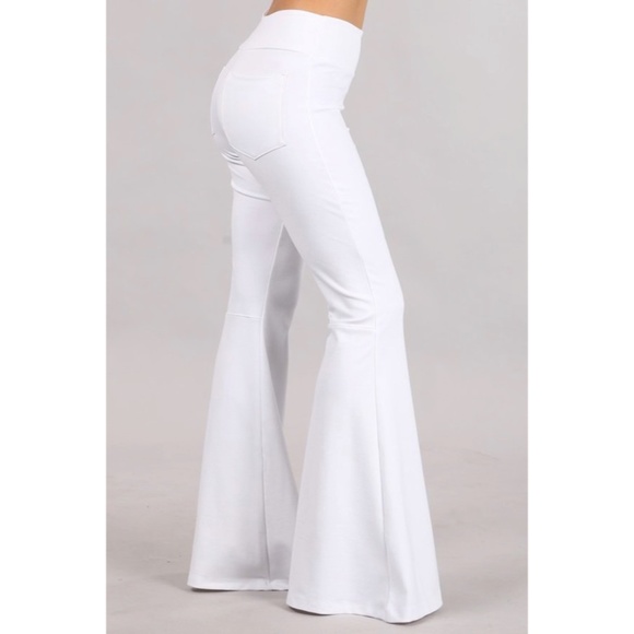 Pants - SOLD OUT White Stretch Bell Flared Ponte Pull On Tummy Control Casual Boho Pants